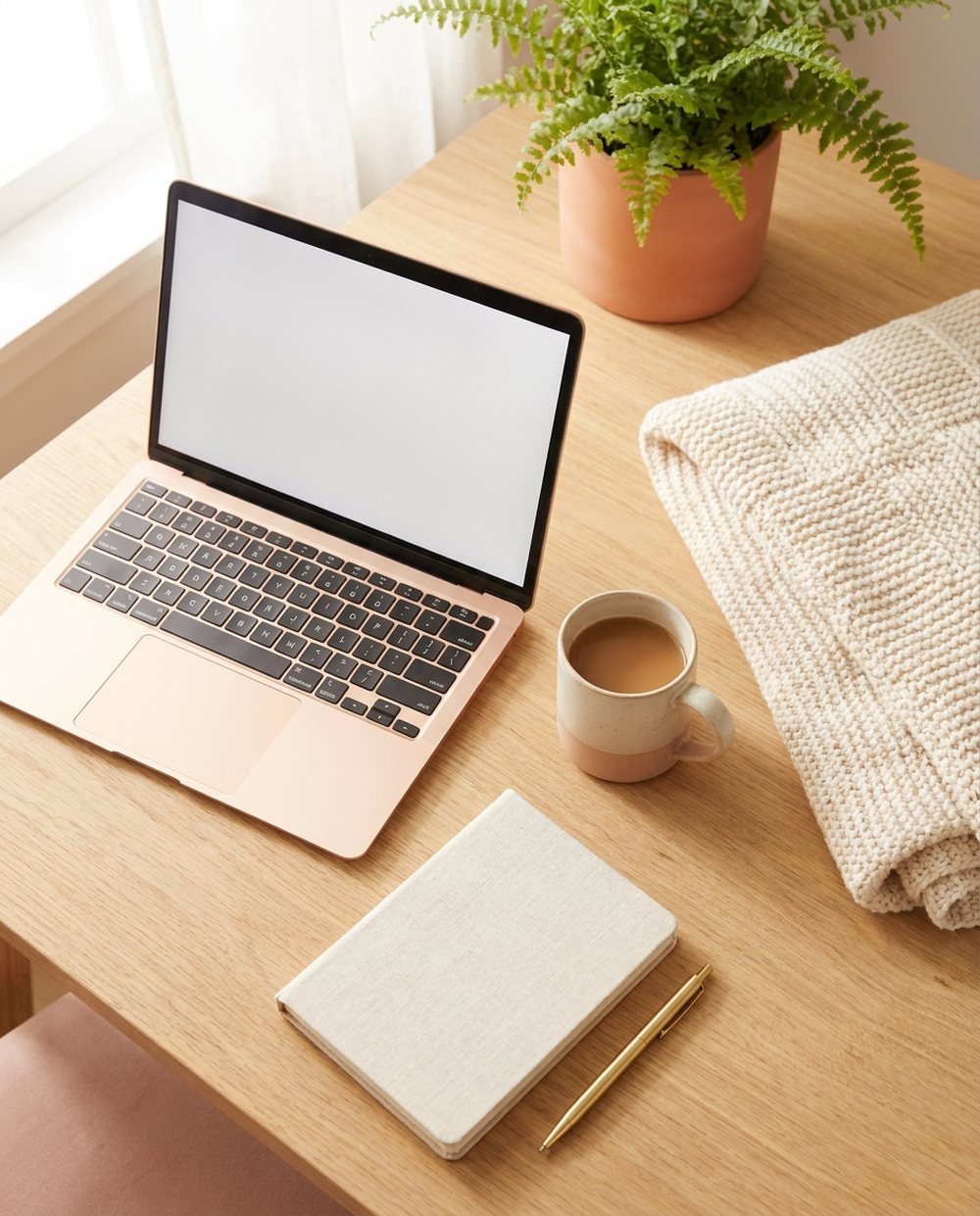 A cozy work-from-home desk with a laptop and coffee